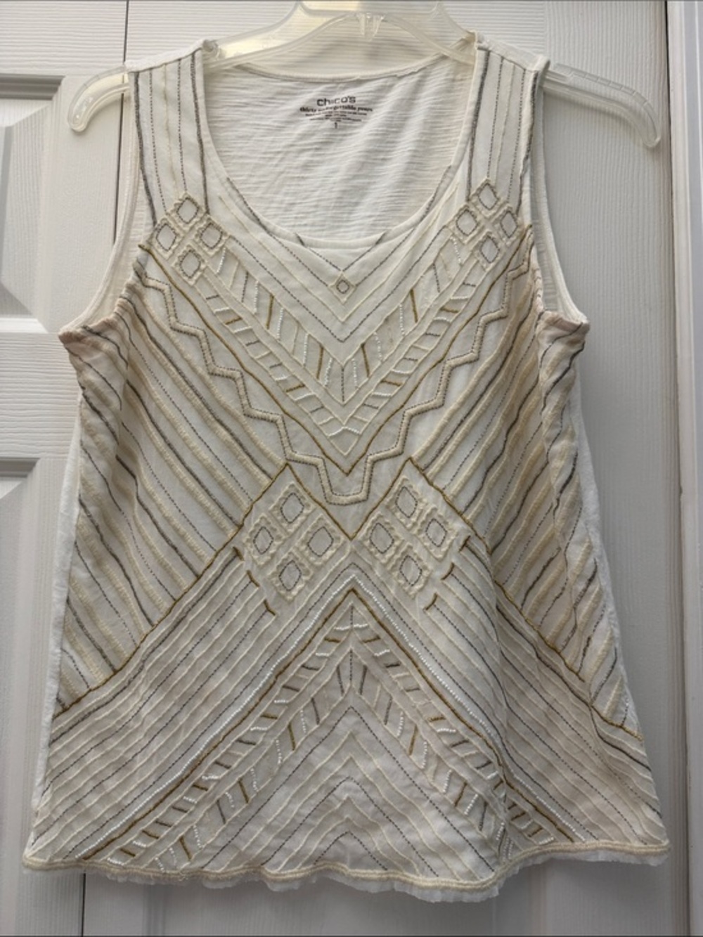 Chico's Cream Beaded Geometric Tank